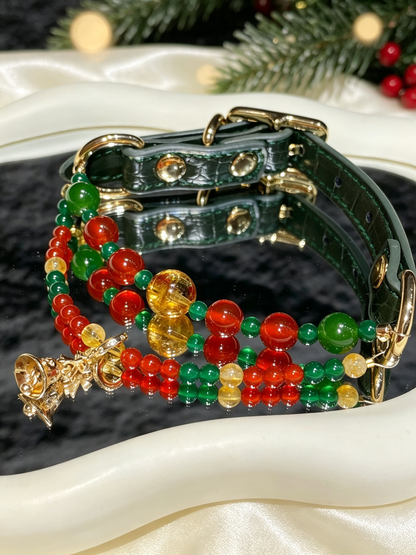 Double-Strand Christmas Crystal Pet Collar – Red & Green Agate