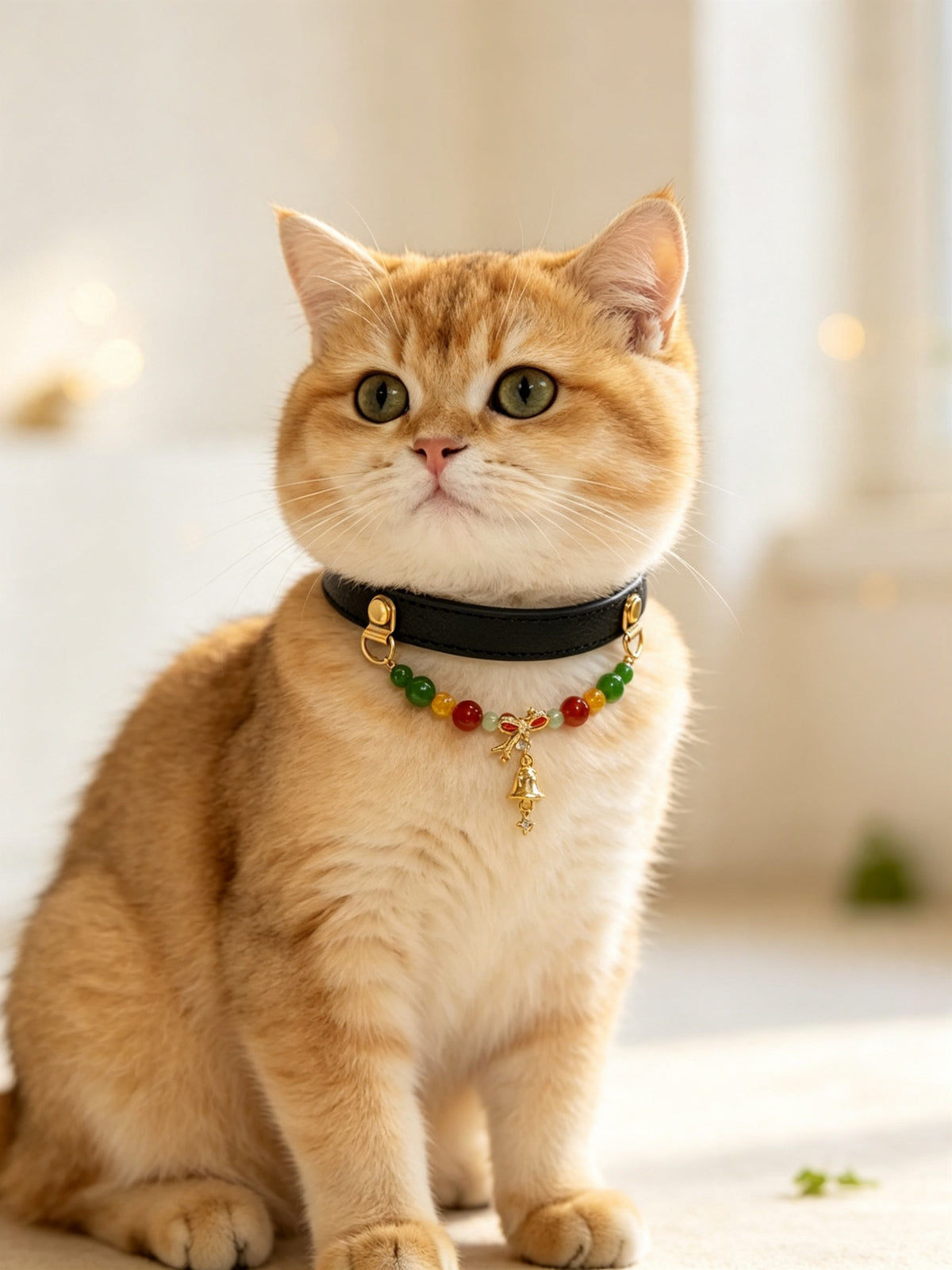 Green Agate Christmas Crystal Pet Collar – Red Agate & Gold Bell