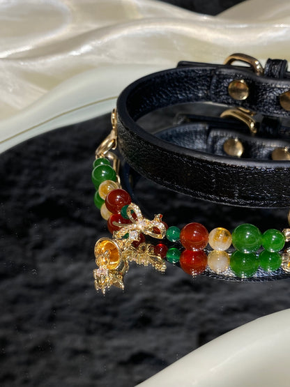 Green Agate Christmas Crystal Pet Collar – Red Agate & Gold Bell