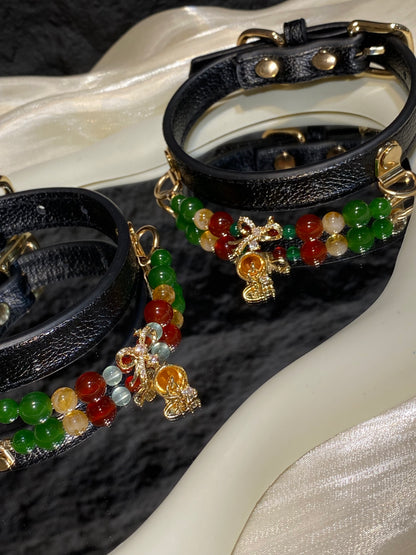 Green Agate Christmas Crystal Pet Collar – Red Agate & Gold Bell