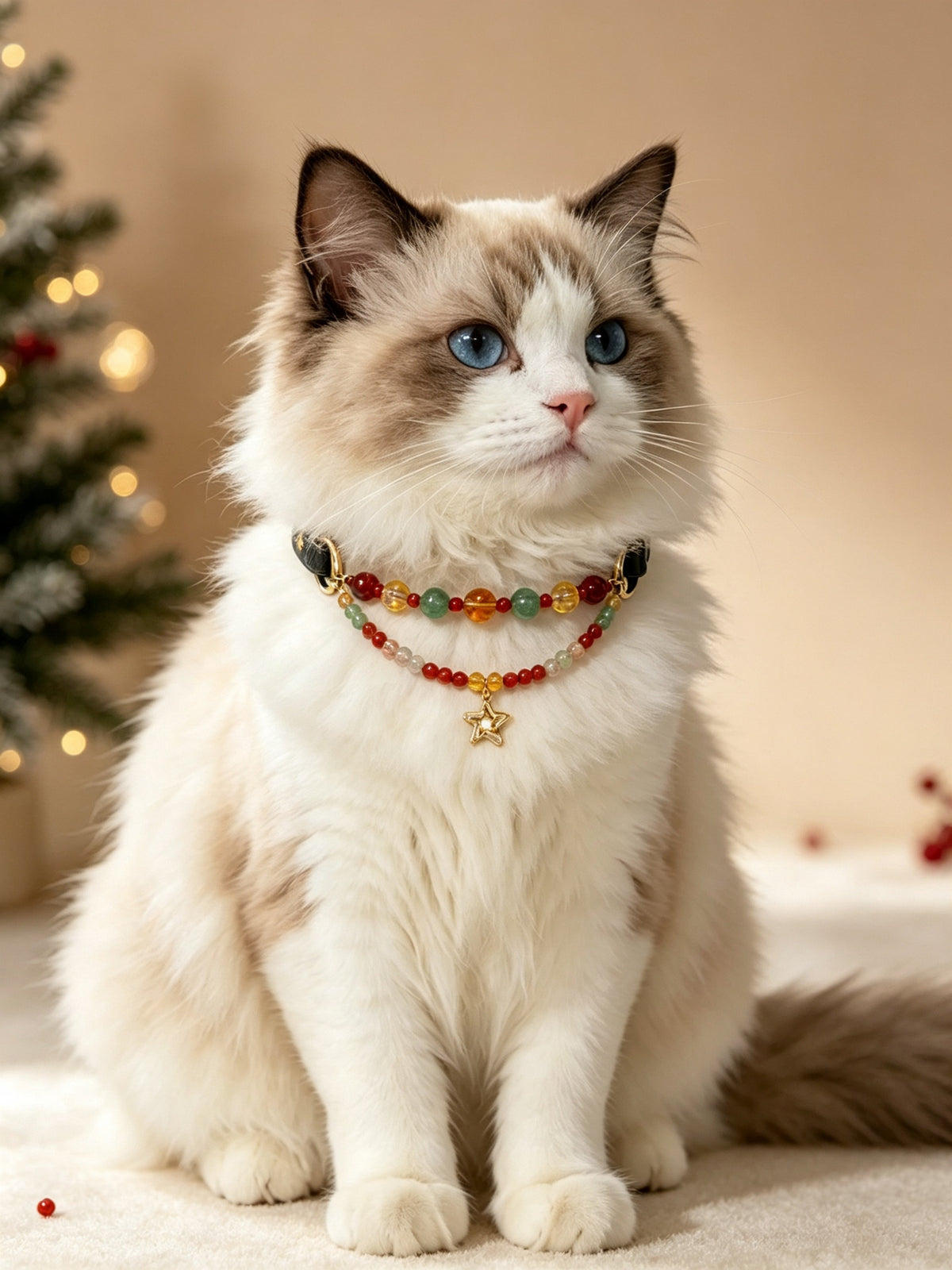 Christmas Star Crystal Pet Collar – Double Strand & Red Agate