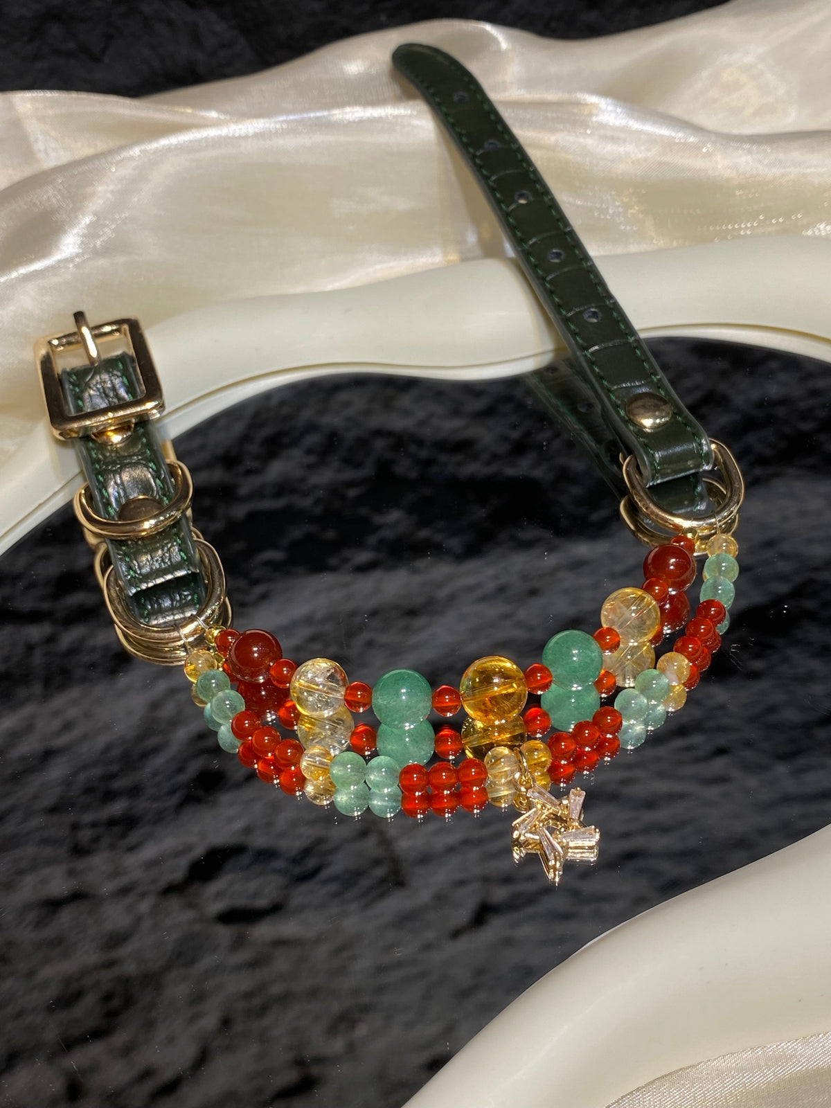 Christmas Star Crystal Pet Collar – Double Strand & Red Agate