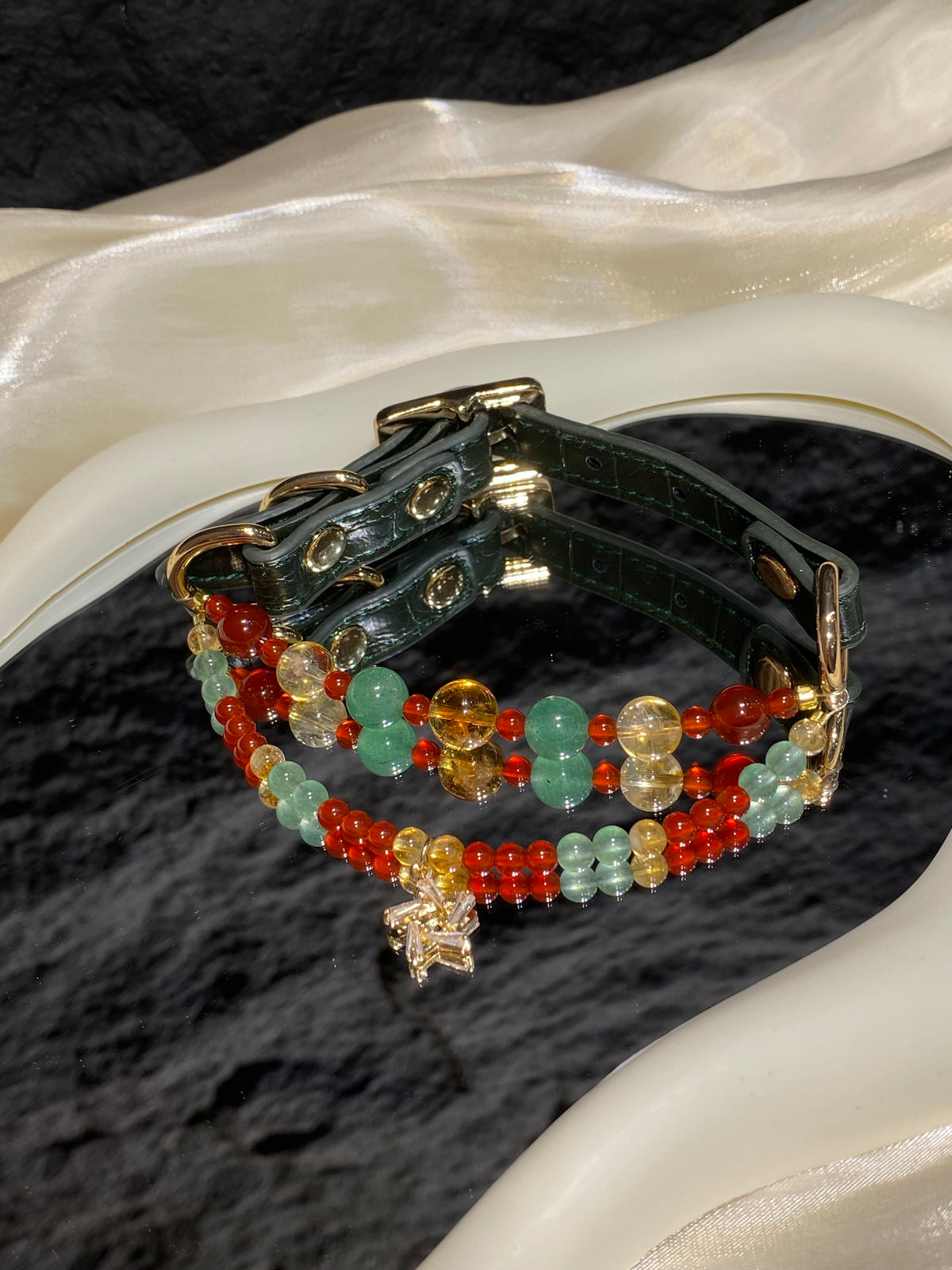 Christmas Star Crystal Pet Collar – Double Strand & Red Agate