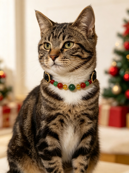 Red Agate & Strawberry Quartz Christmas Crystal Pet Collar – Black Leather