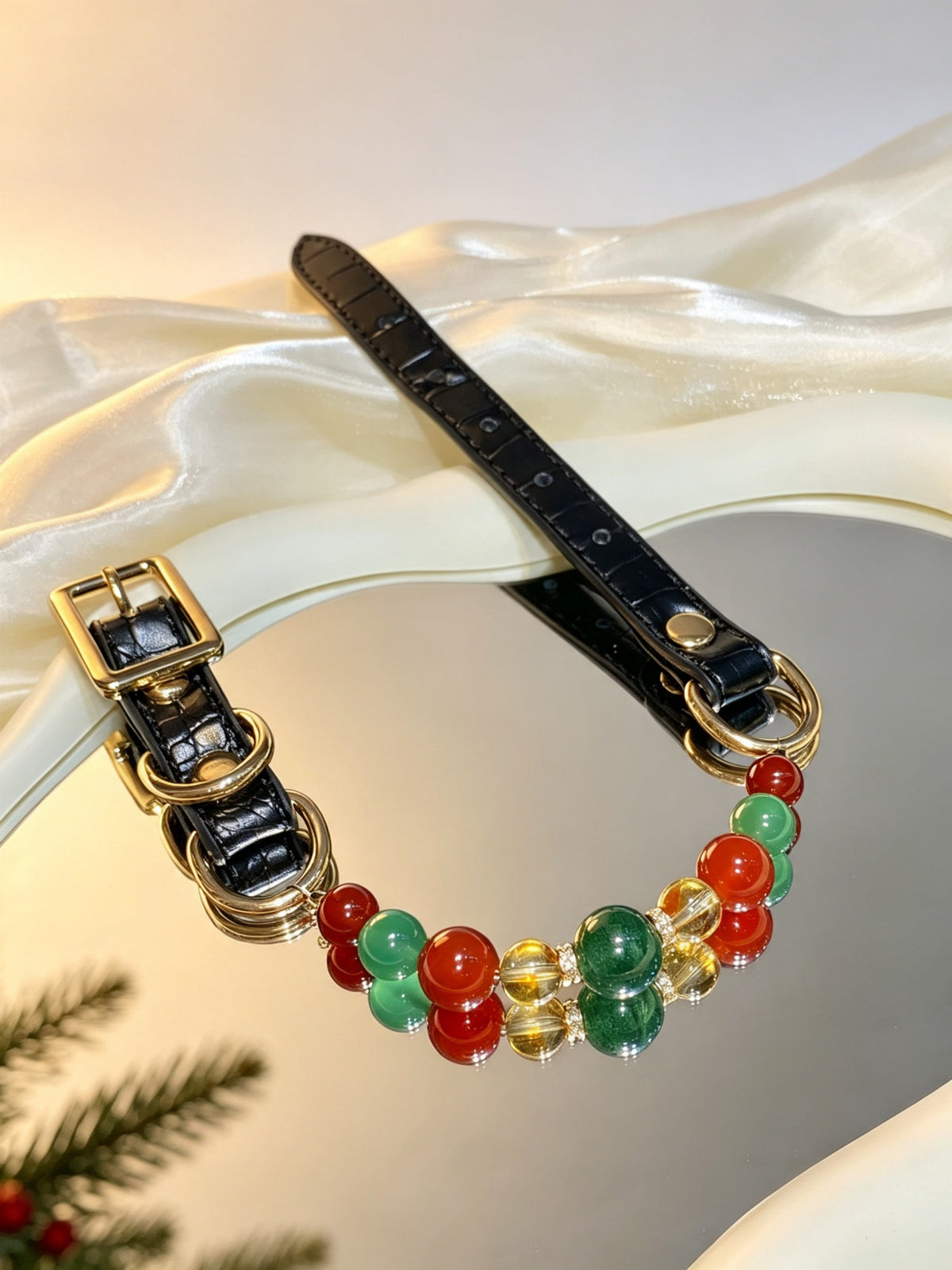 Red Agate & Strawberry Quartz Christmas Crystal Pet Collar – Black Leather
