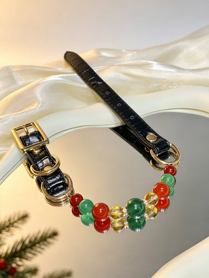 Red Agate & Strawberry Quartz Christmas Crystal Pet Collar – Black Leather