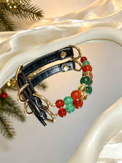 Red Agate & Strawberry Quartz Christmas Crystal Pet Collar – Black Leather