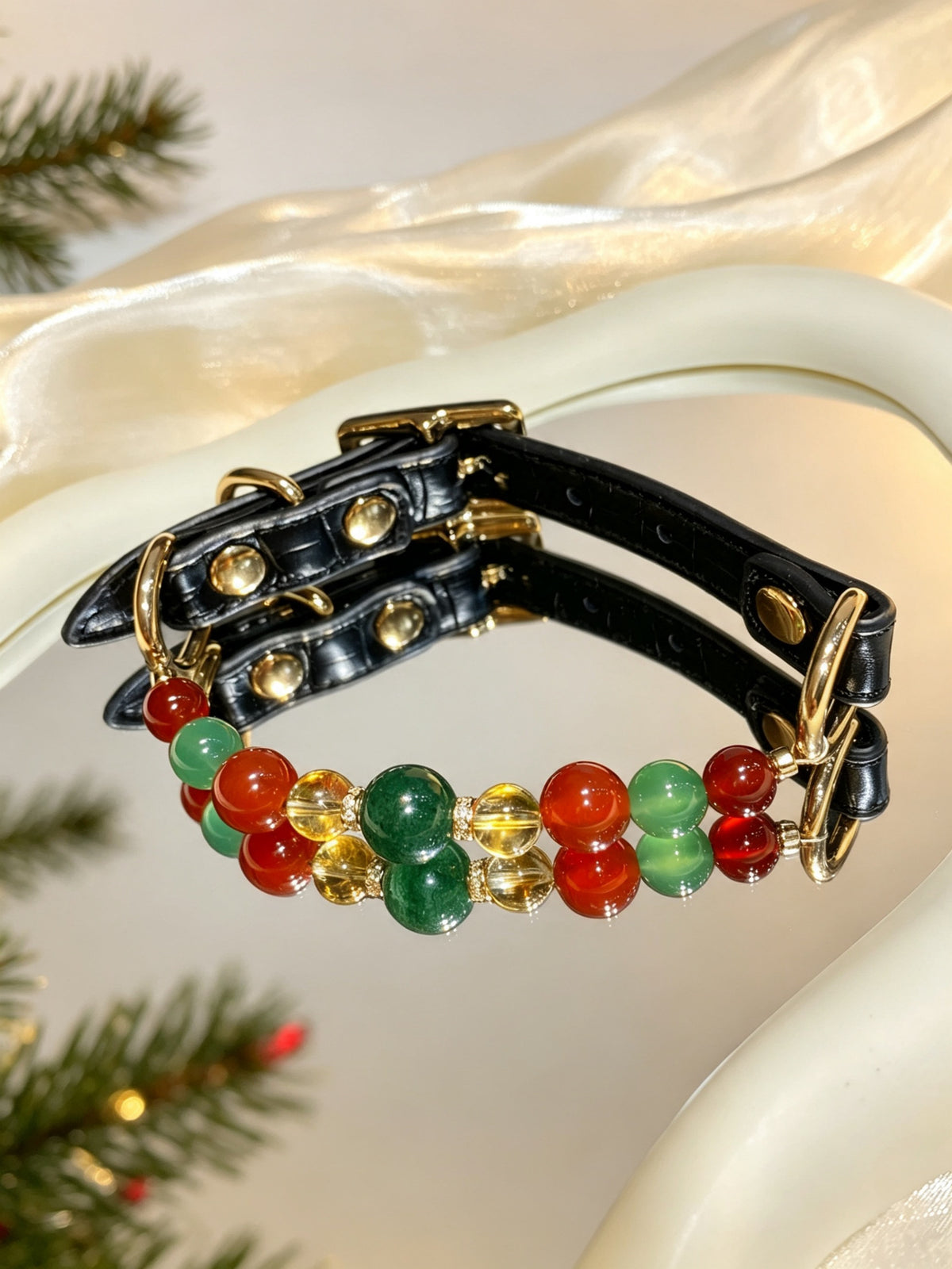 Red Agate & Strawberry Quartz Christmas Crystal Pet Collar – Black Leather