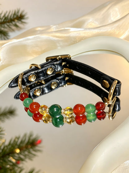 Red Agate & Strawberry Quartz Christmas Crystal Pet Collar – Black Leather