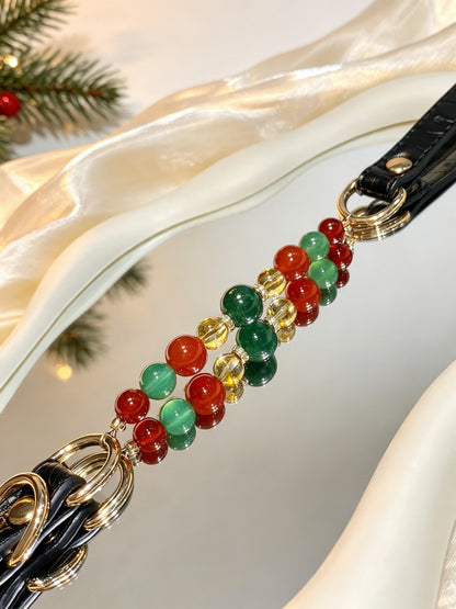 Red Agate & Strawberry Quartz Christmas Crystal Pet Collar – Black Leather