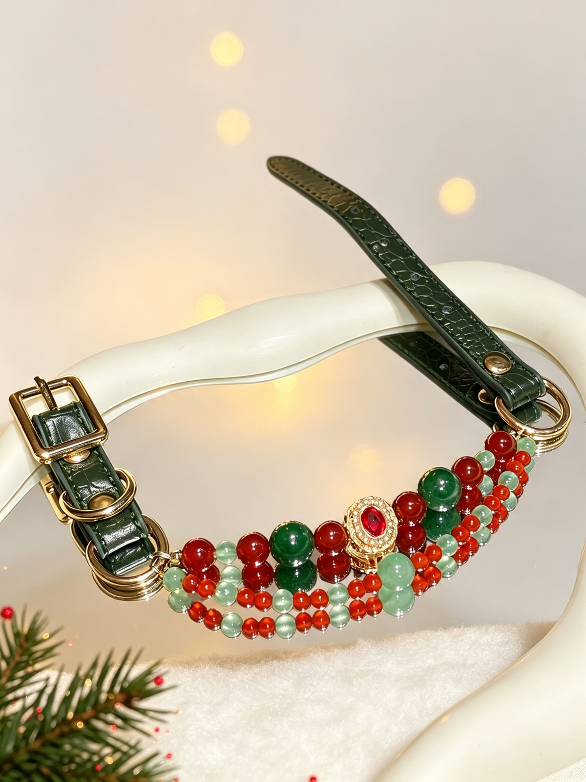 Red Agate Christmas Crystal Pet Collar – Classic Holiday Beads