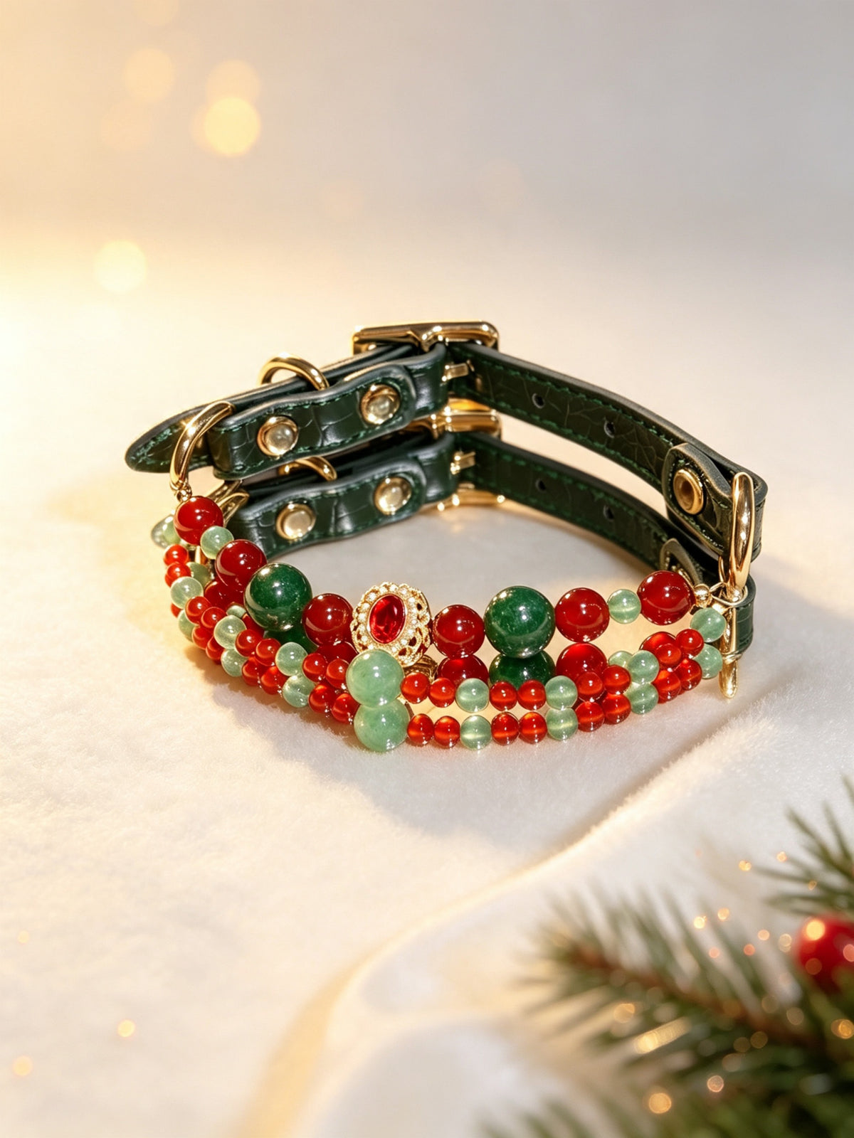 Red Agate Christmas Crystal Pet Collar – Classic Holiday Beads