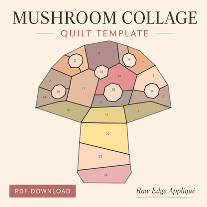 A quilt template design for a mushroom, shown as a numbered collage of colored fabric-like sections on a beige background, with the text 'MUSHROOM COLLAGE QUILT TEMPLATE,' 'PDF DOWNLOAD,' and 'Raw Edge Appliqué.'.