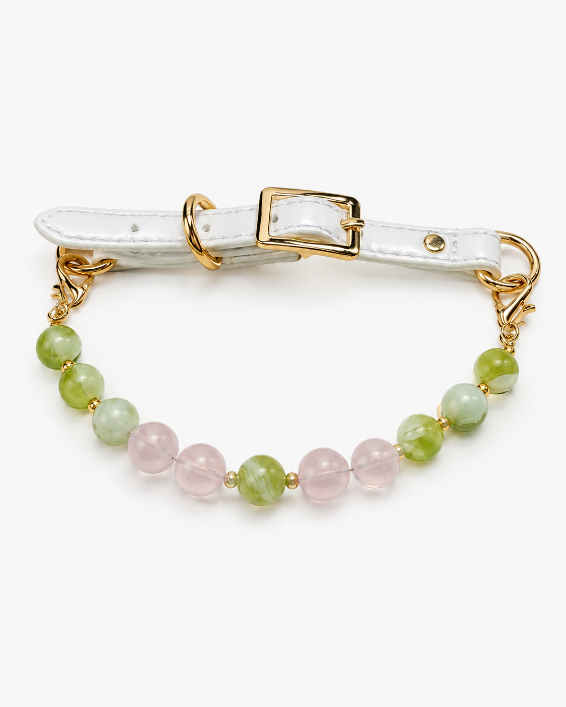 Green Mist & Peach mixed-bead crystal pet collar with pink and green beads, white strap and gold-tone hardware