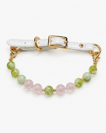 Green Mist & Peach mixed-bead crystal pet collar with pink and green beads, white strap and gold-tone hardware