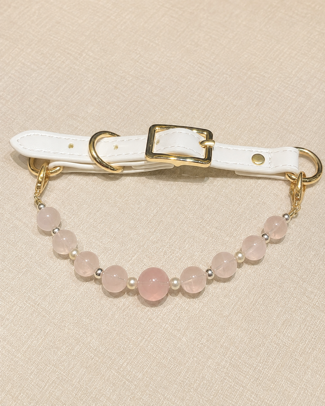 Peach Blush mixed-bead crystal pet collar with pale pink beads, white strap and gold-tone hardware