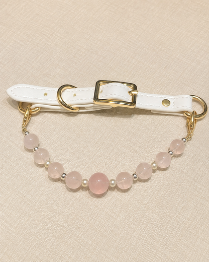 Peach Blush mixed-bead crystal pet collar with pale pink beads, white strap and gold-tone hardware