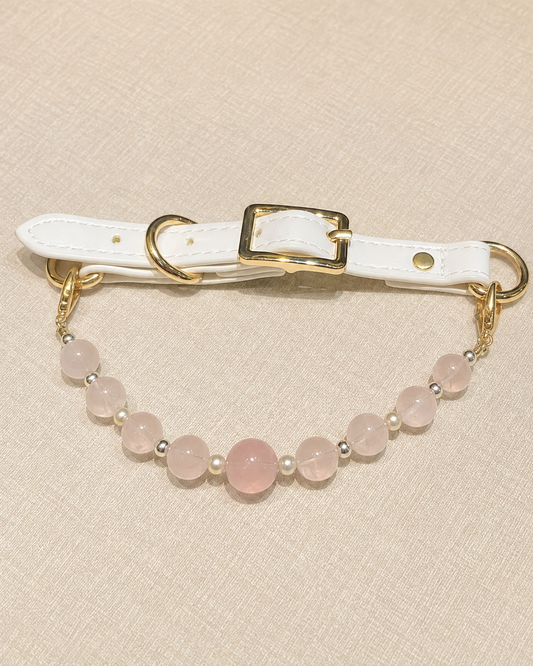 Peach Blush mixed-bead crystal pet collar with pale pink beads, white strap and gold-tone hardware