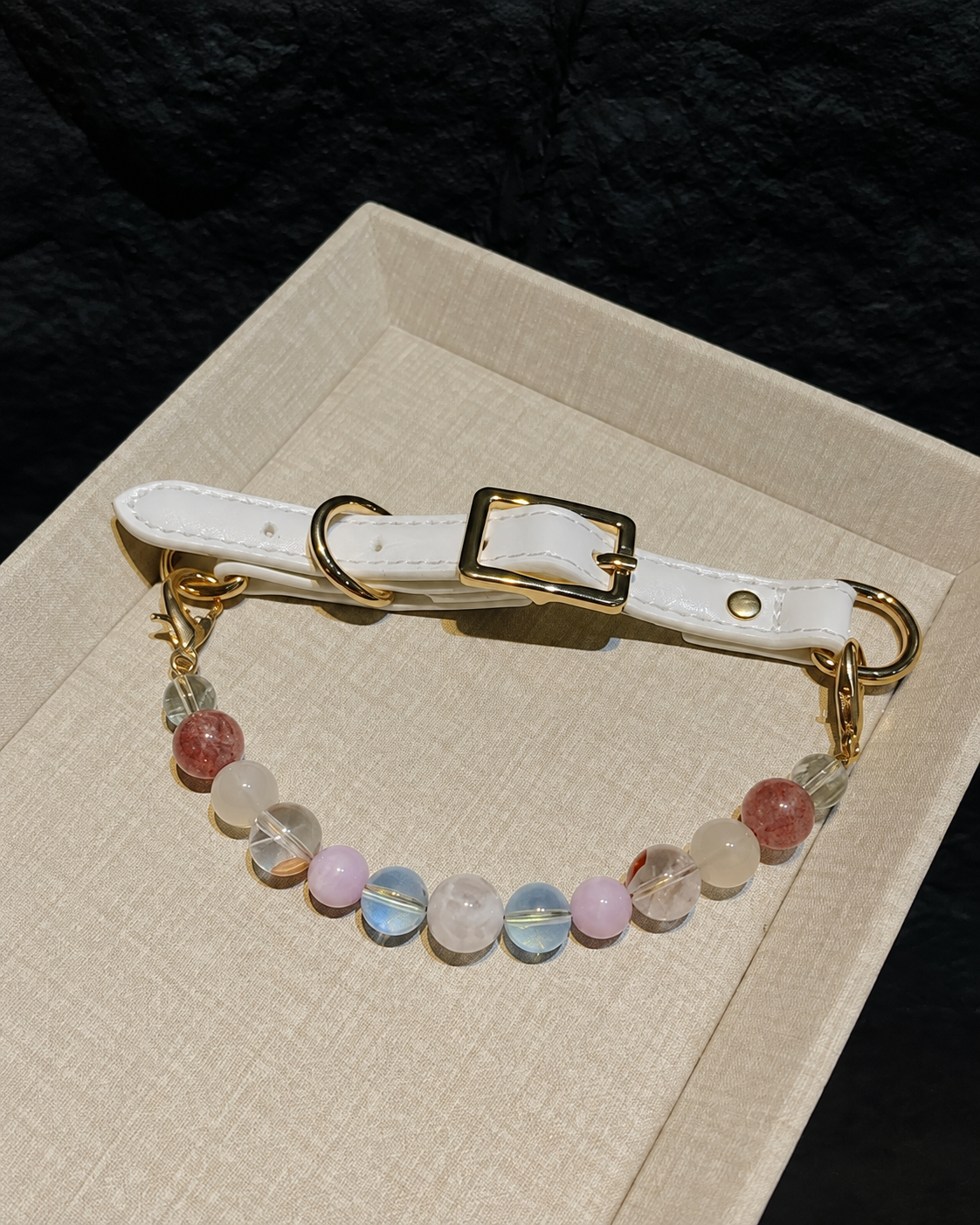Macaron multi-stone crystal pet collar with pastel beads, white strap and gold-tone hardware