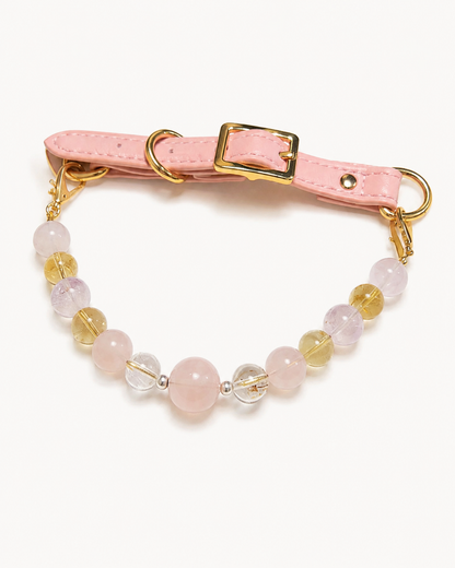 Peach Glow mixed-bead crystal pet collar with pink strap, pastel beads and gold-tone hardware