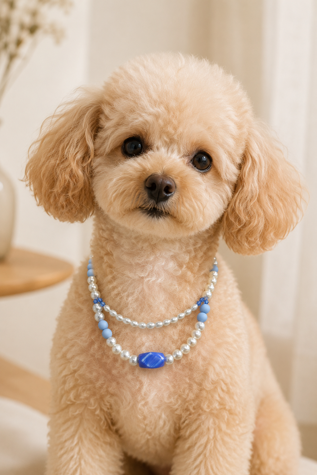 A small cream-colored poodle wearing a double-strand beaded pet collar with white faux pearls, light blue beads, and a central blue oval charm, posed against a soft, warm indoor background.