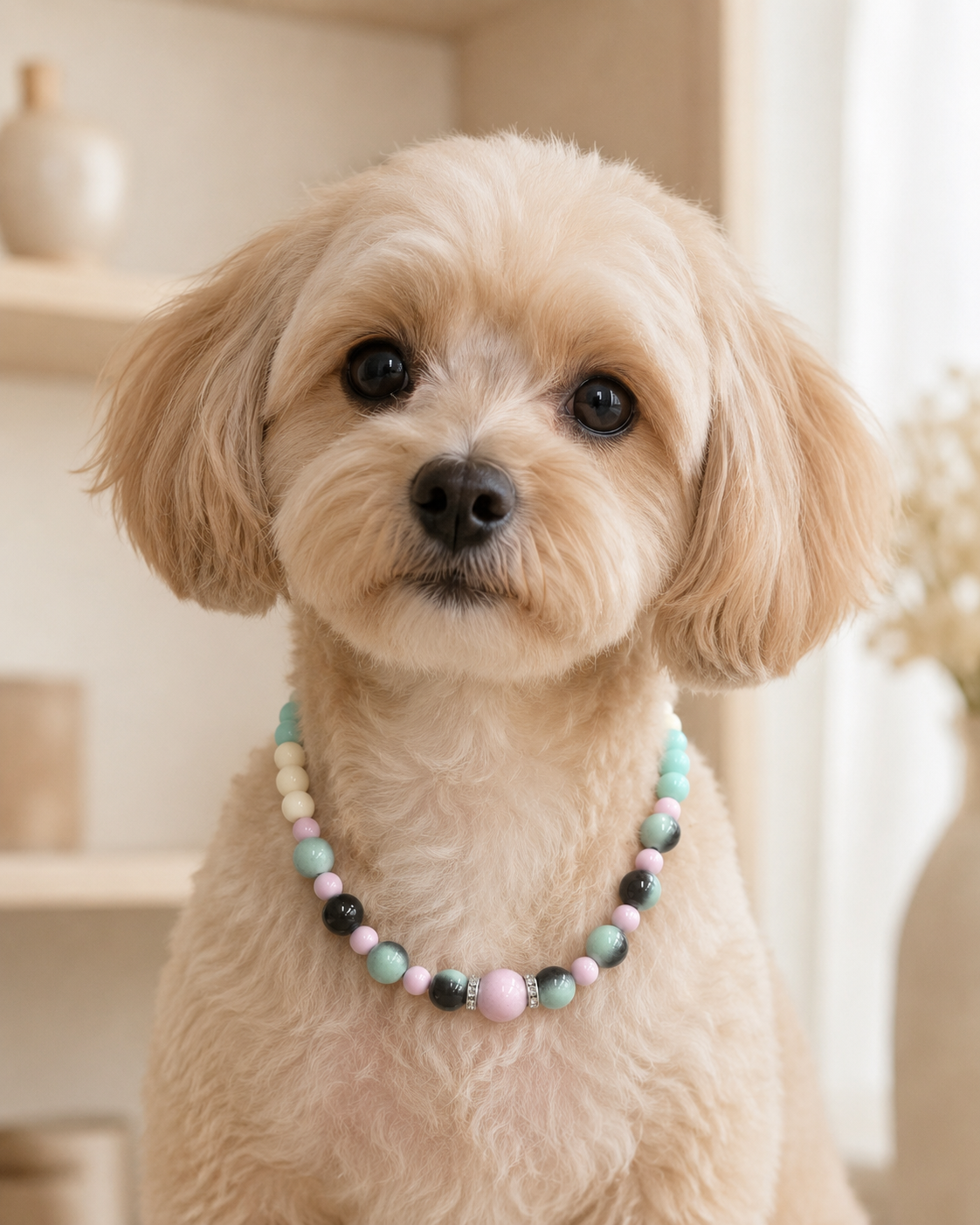 Small dog wearing pastel pink mint and black beaded pet necklace