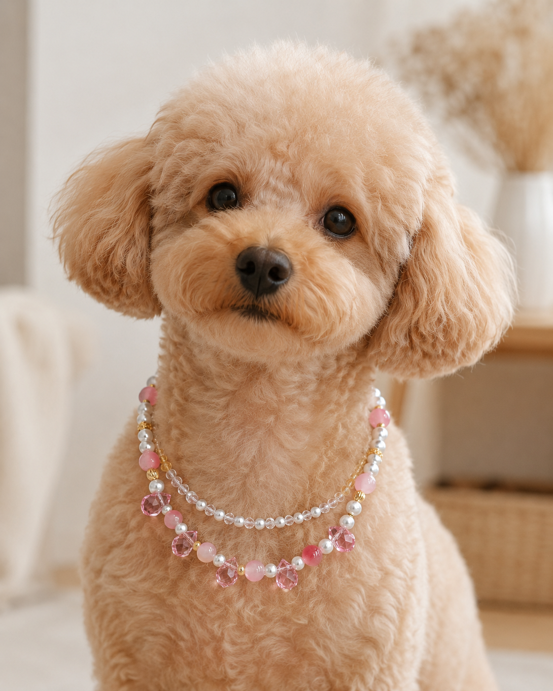 Small dog wearing pink double-layer beaded pet necklace with pearl-style details