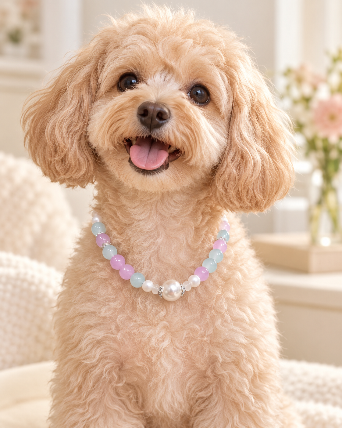 Small dog wearing lavender and aqua pearl-style pet necklace