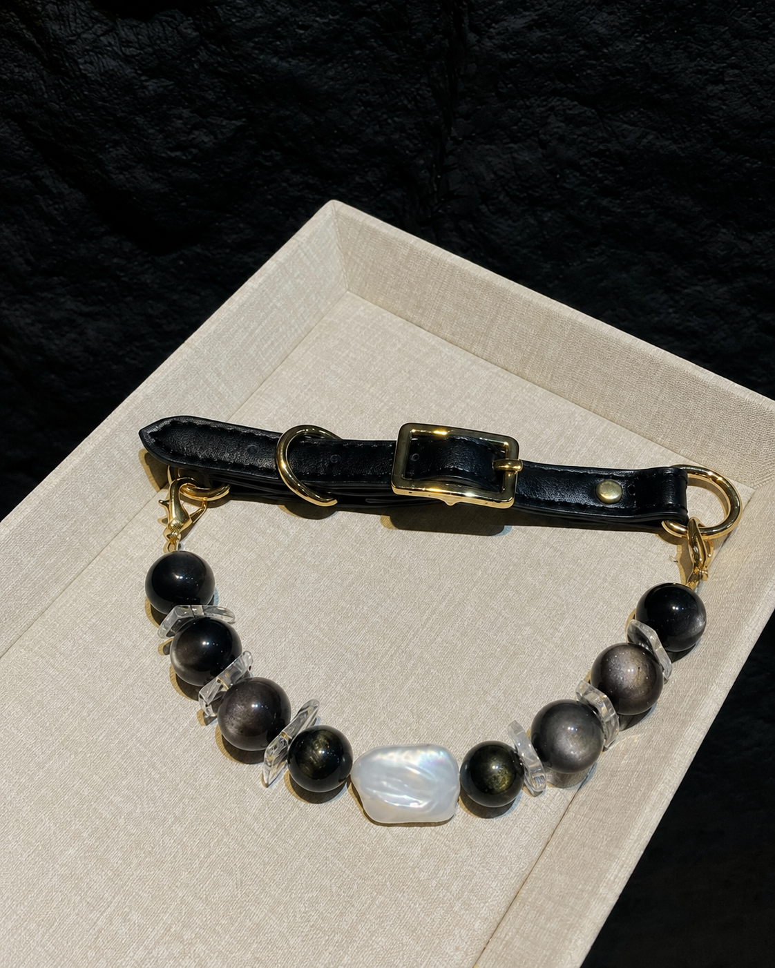 Midnight Baroque crystal pet collar with black strap and dark beaded design