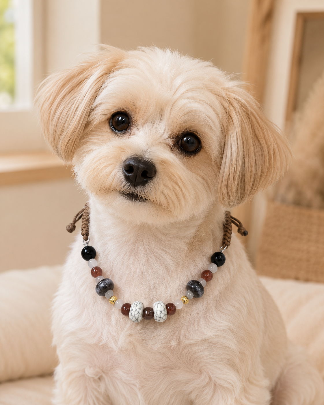 Small dog wearing Smoky Cocoa brown and black beaded pet necklace