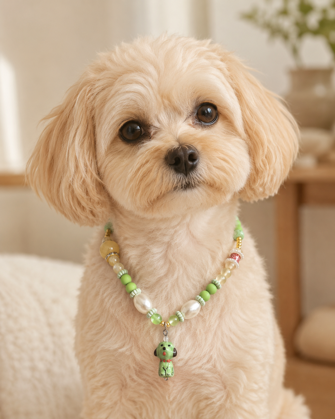 Small dog wearing the Meadow Pup green beaded pet necklace with puppy charm