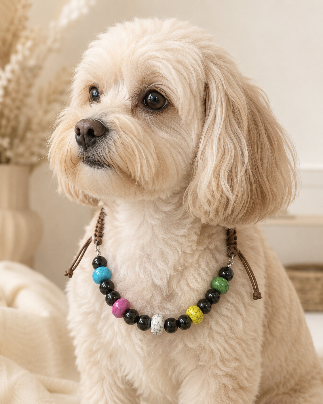 Small dog wearing the Color Pop multicolor beaded pet necklace