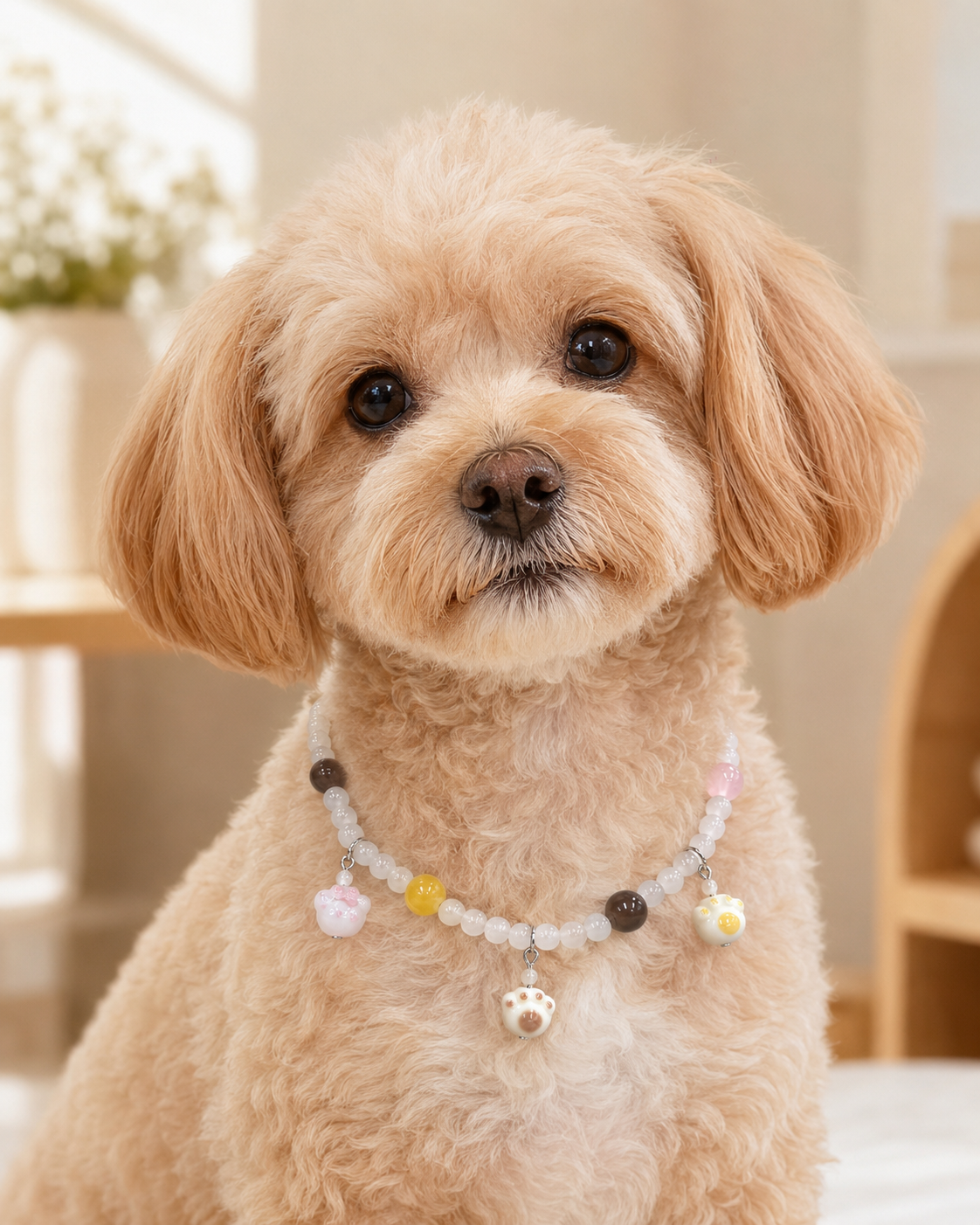 Small dog wearing white beaded pet necklace with pink yellow brown accents