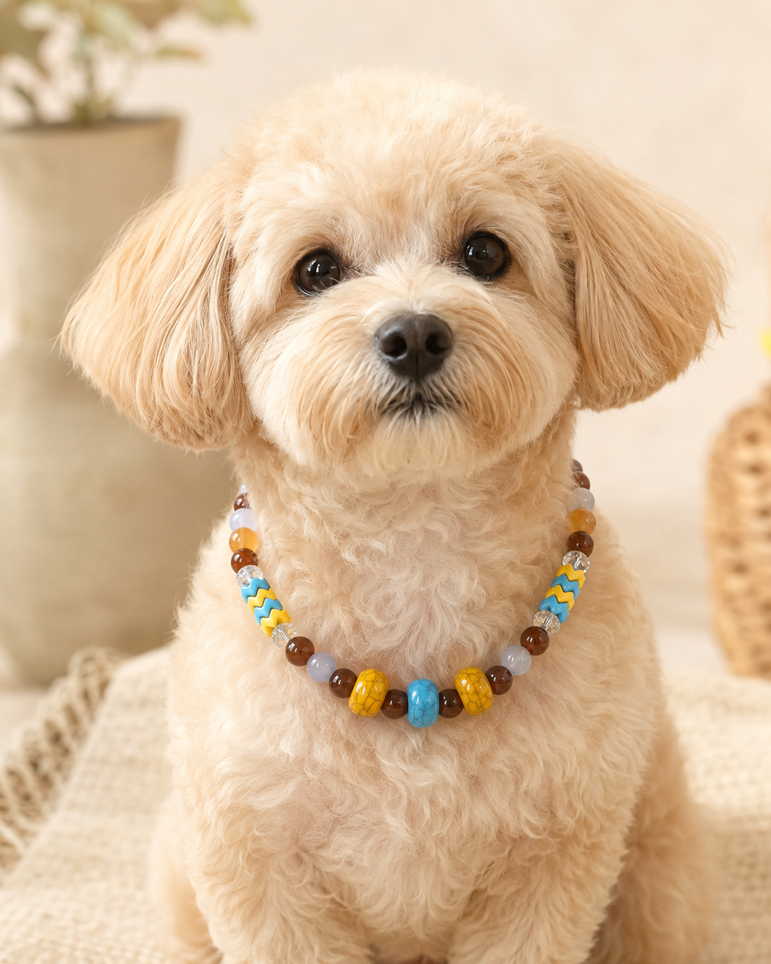 Small dog wearing colorful blue yellow and brown beaded pet necklace