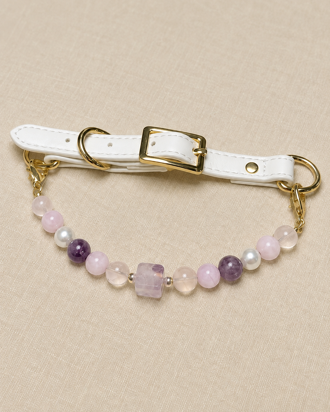 Taro Purple cube-bead crystal pet collar with lavender beads, white strap and gold-tone hardware