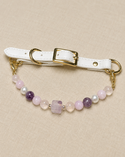 Taro Purple cube-bead crystal pet collar with lavender beads, white strap and gold-tone hardware