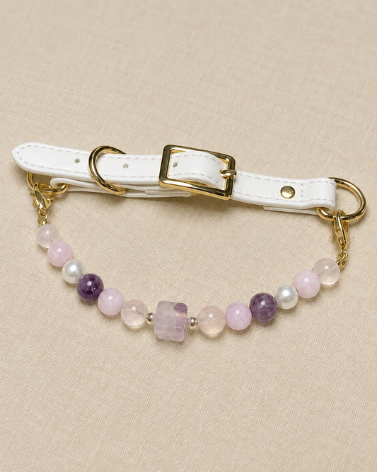 Taro Purple cube-bead crystal pet collar with lavender beads, white strap and gold-tone hardware