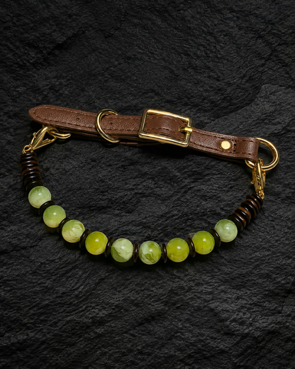 Forest Green Vintage mixed-bead crystal pet collar with green beads, brown strap and gold-tone hardware