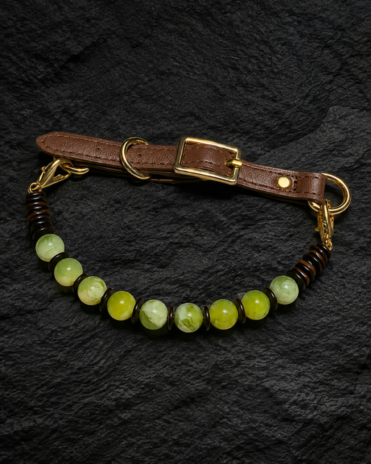 Forest Green Vintage mixed-bead crystal pet collar with green beads, brown strap and gold-tone hardware