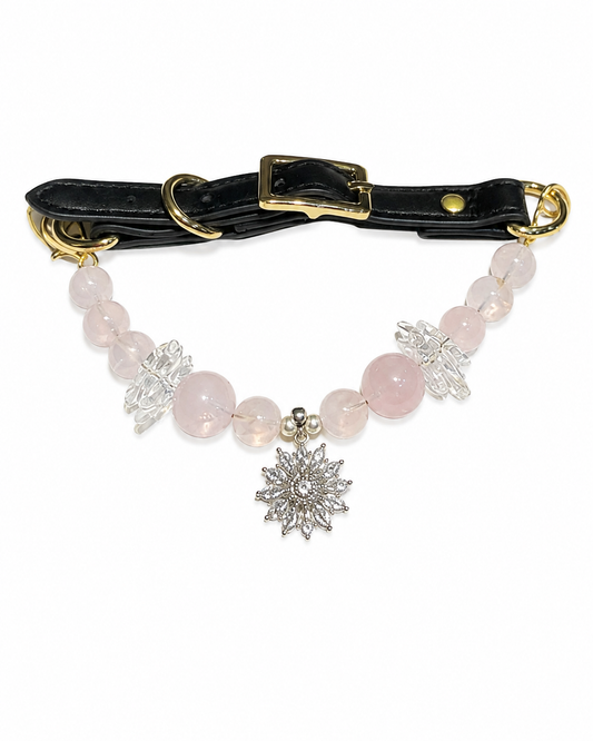 Blush Snowflake mixed-bead crystal pet collar with pink beads, black strap and gold-tone hardware