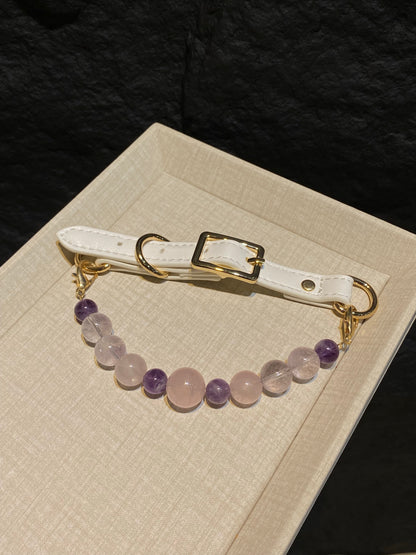 Lavender Blush mixed-bead crystal pet collar with pink and purple beads, white strap and gold-tone hardware