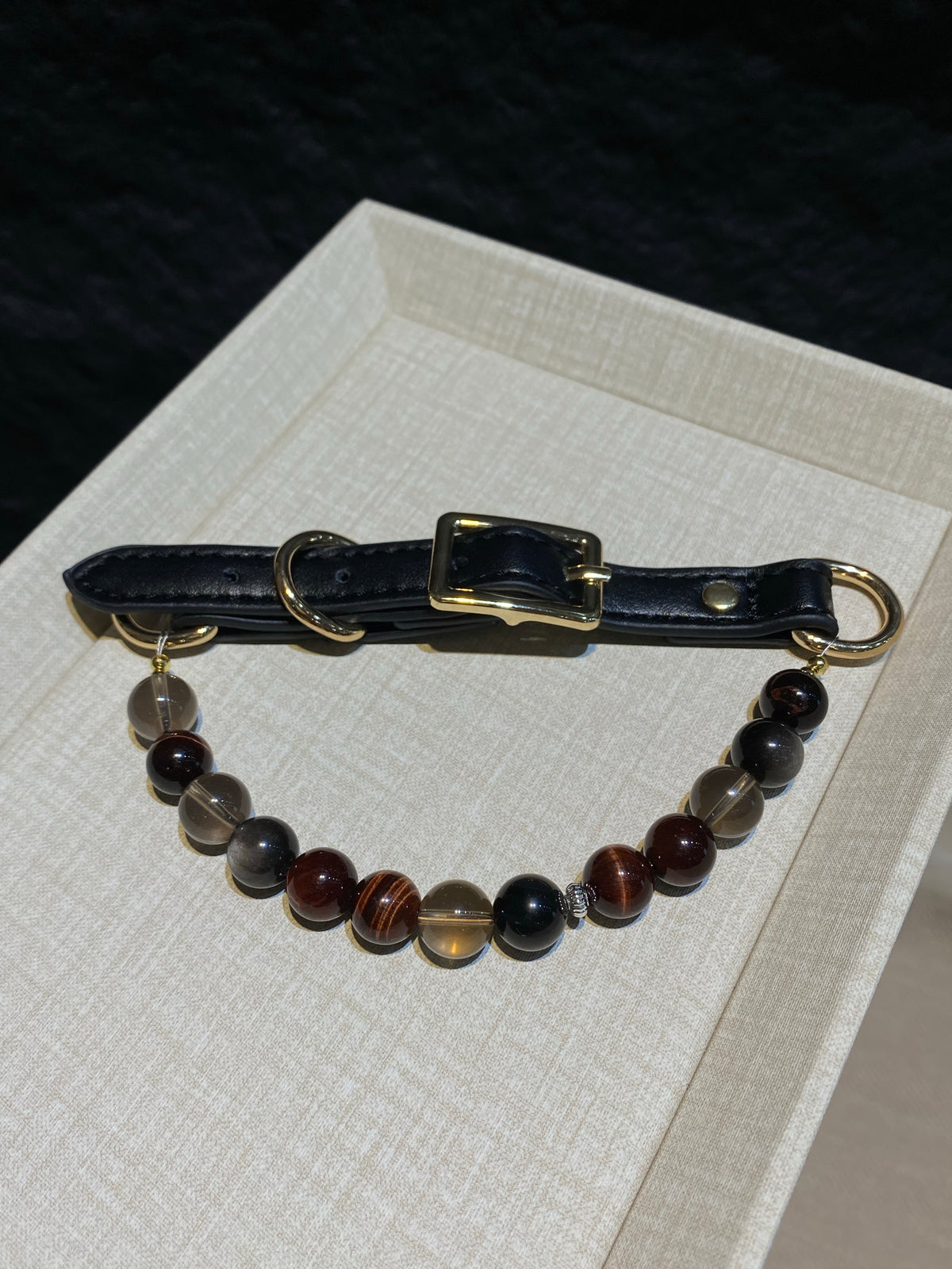 Smoky Ember mixed-bead crystal pet collar with dark red, black and smoky beads, black strap and gold-tone hardware