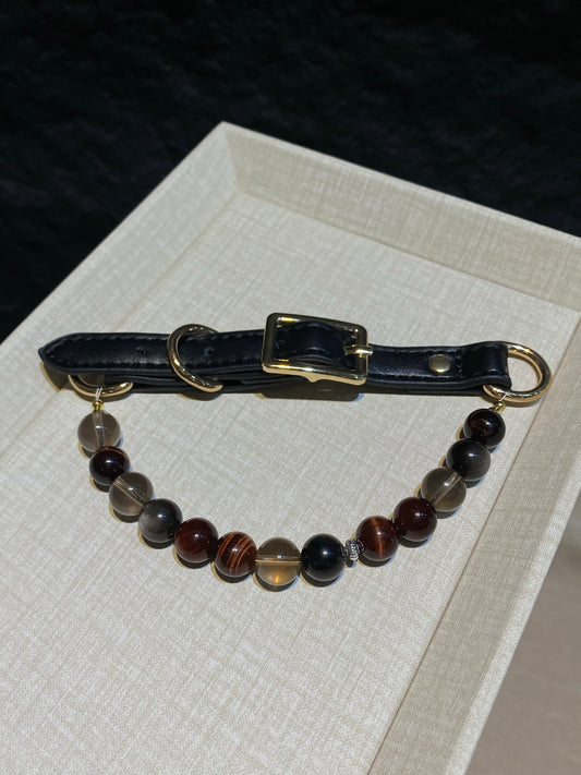 Smoky Ember mixed-bead crystal pet collar with dark red, black and smoky beads, black strap and gold-tone hardware