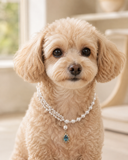 Small dog wearing white double-layer pearl-style pet necklace with blue pendant
