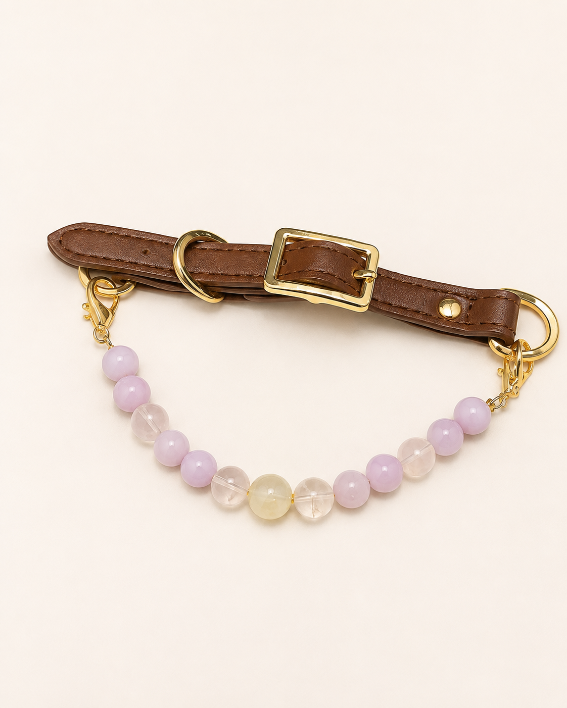 Soft Lavender mixed-bead crystal pet collar with pastel beads, brown strap and gold-tone hardware