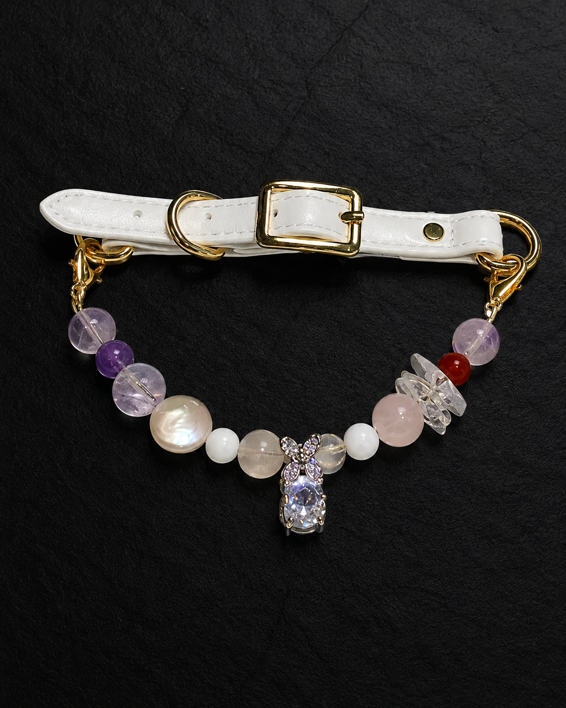 Lavender Charm mixed-bead crystal pet collar with pastel beads, white strap and gold-tone hardware