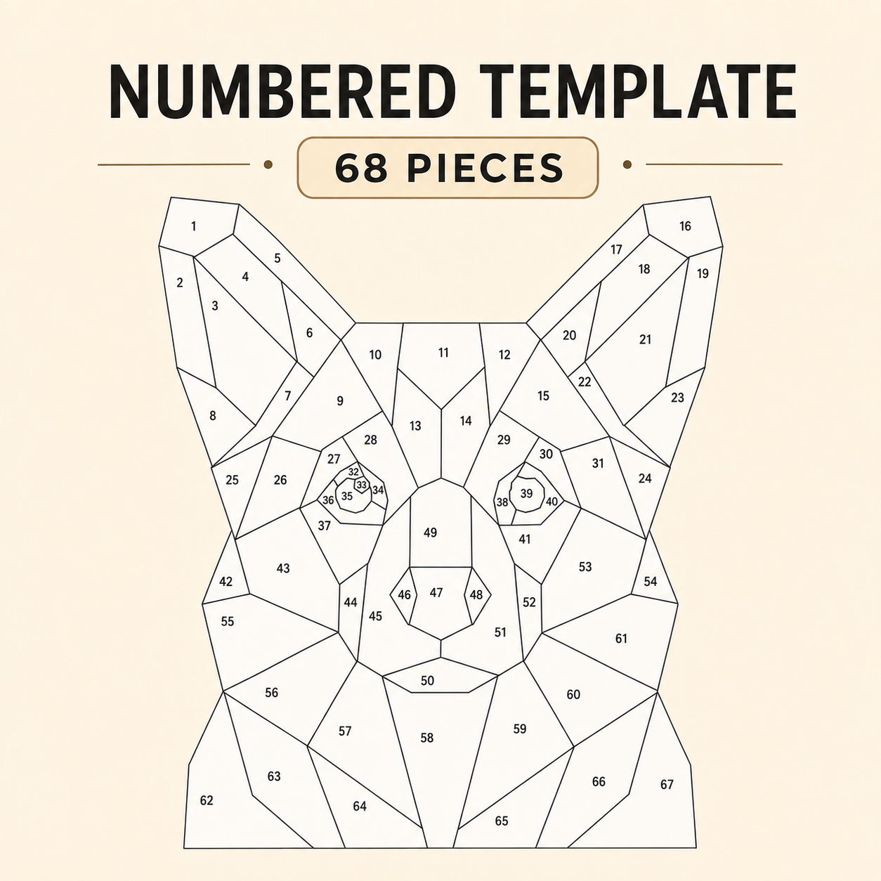 A numbered puzzle template showing the outline of a dog made of 68 numbered geometric pieces on a light beige background.