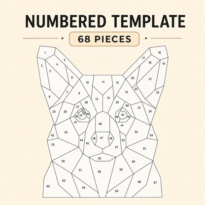 A numbered puzzle template showing the outline of a dog made of 68 numbered geometric pieces on a light beige background.