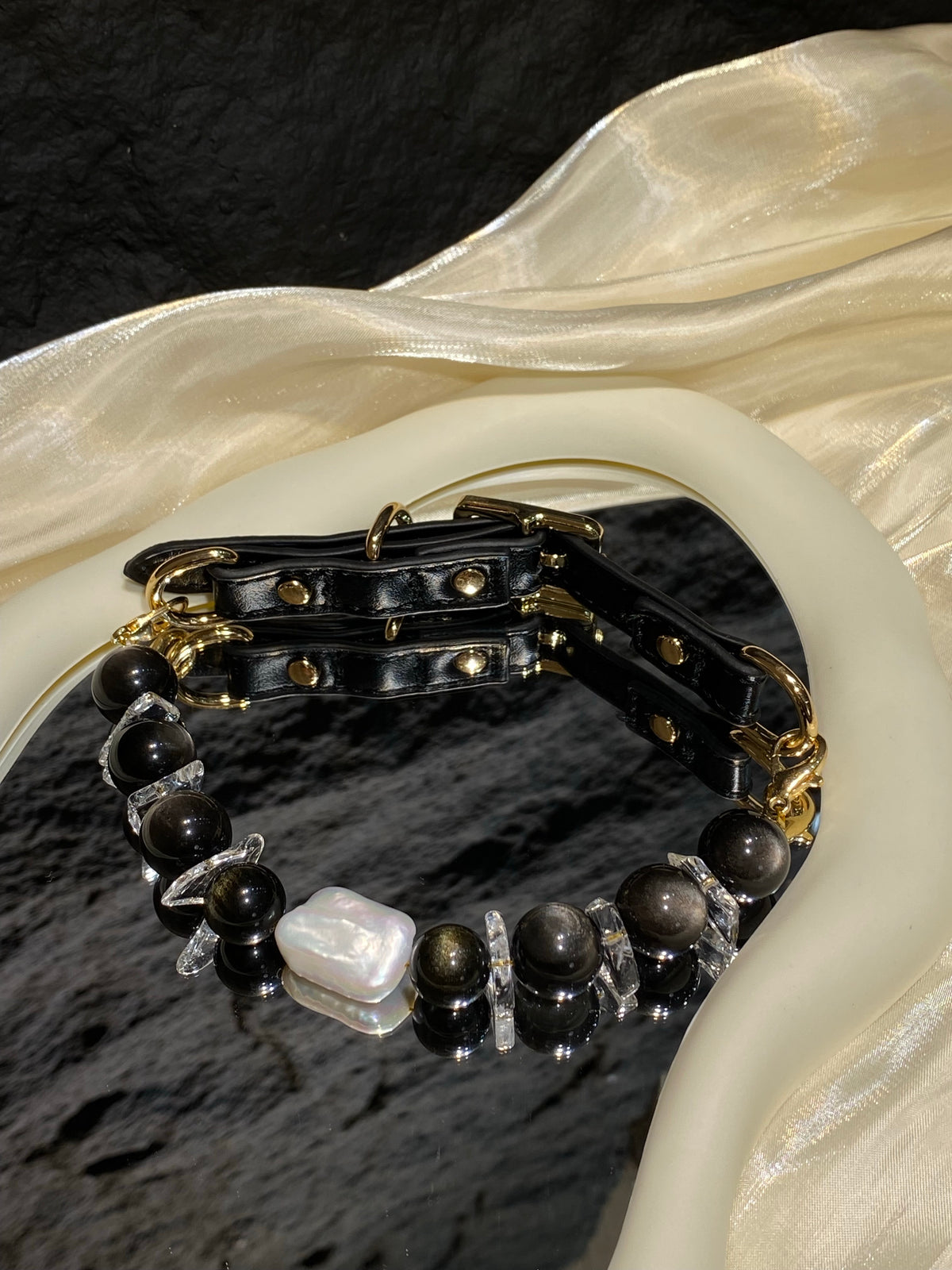 Midnight Baroque beaded pet collar with black beads and pearl centerpiece