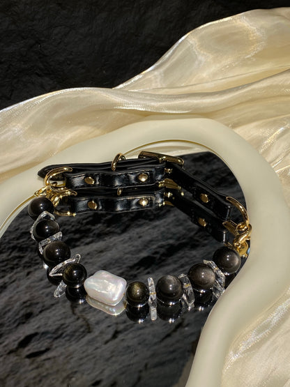 Midnight Baroque beaded pet collar with black beads and pearl centerpiece